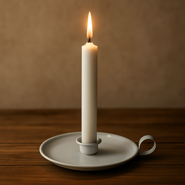 Metal candle holder with a dinner candle.