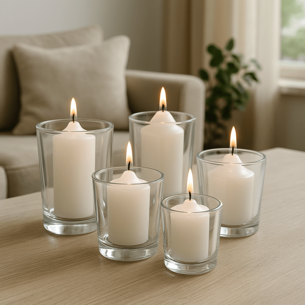 Bell top and flat top votive candles in white finish – CANDLE MAKERS South Africa
