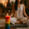 7-Layer chakra pillar candle with seven stacked colour bands – red, orange, yellow, green, blue, indigo and violet – standing upright on a neutral background.